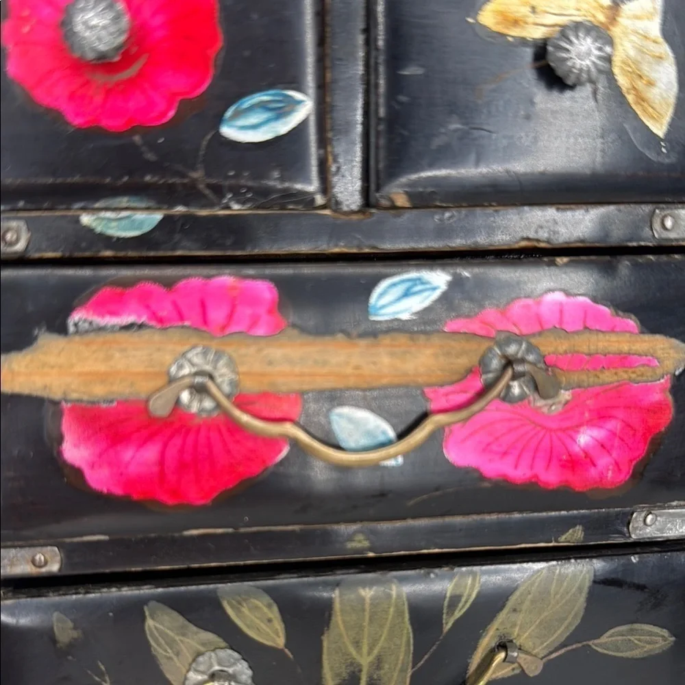 Vtg Japanese miniature hand painted black Wood 4 drawer chest Jewelry dollhouse